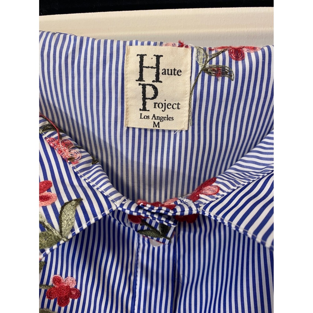 Haute Project LA Blue Stripe Floral Embroidered Tie Front Off Shoulder Top M - Picture 3 of 16